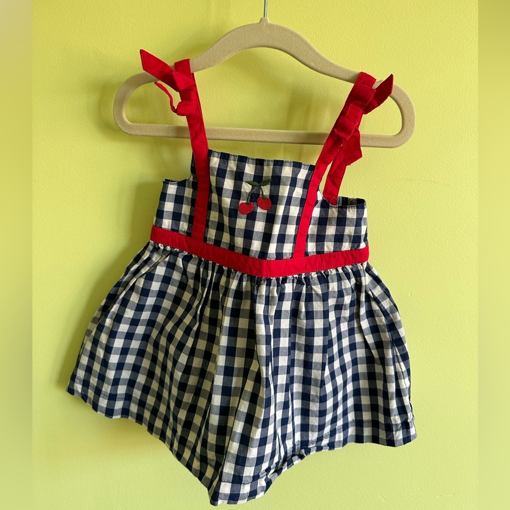 Hanna Andersson Checkered Dress with Red Ribbon Straps and Embroidered Cherries